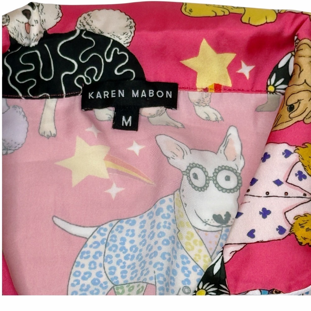 KAREN MABON Fashion Dogs Pink Satin Pajama Set Short Sleeve PJs Size Medium - Picture 7 of 10